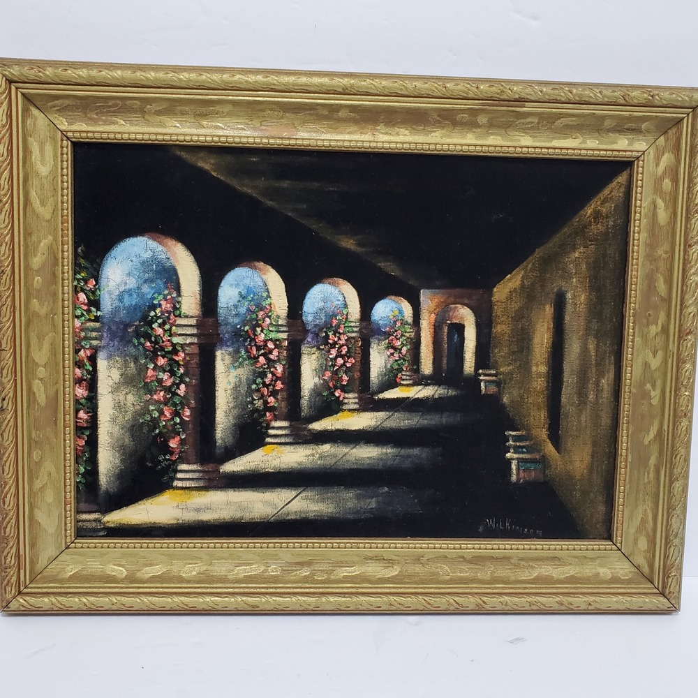 Wilkinson Velvet Painting Art Unisex 17x13 Gold Framed Vintage Mission Courtyard